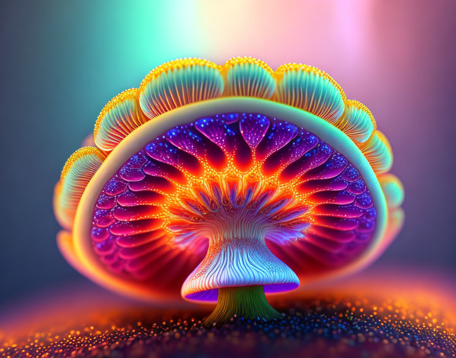 Colorful Digital Artwork Featuring Stylized Mushroom with Glowing Gills
