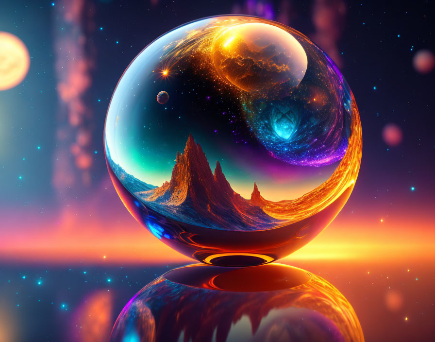 Colorful surreal landscape with reflective orb, cosmic scenery, mountains, and fiery horizon under starry sky
