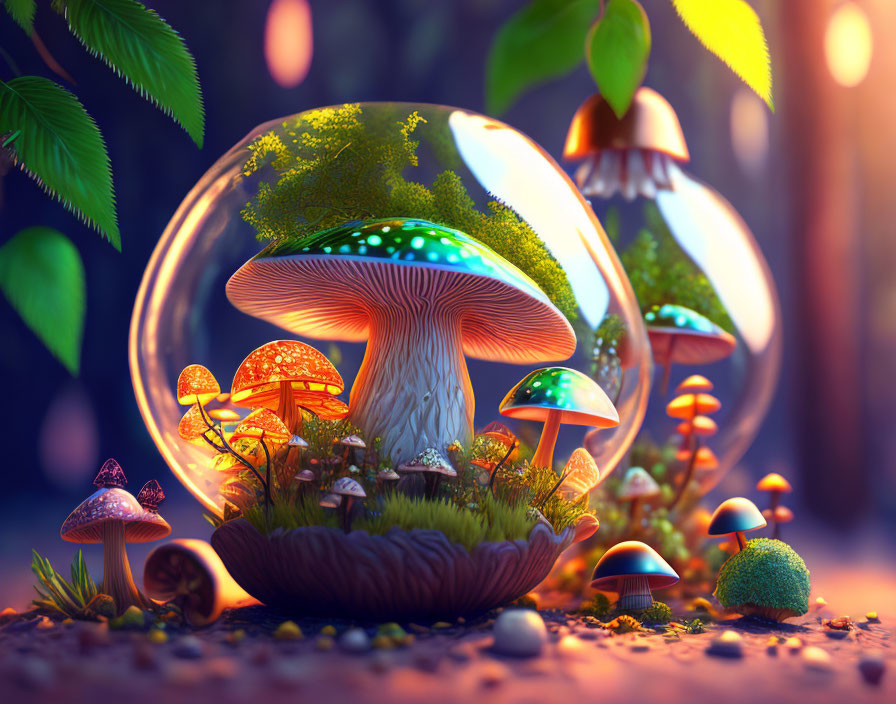 Vibrant oversized mushrooms in transparent bubble amidst mystical forest.