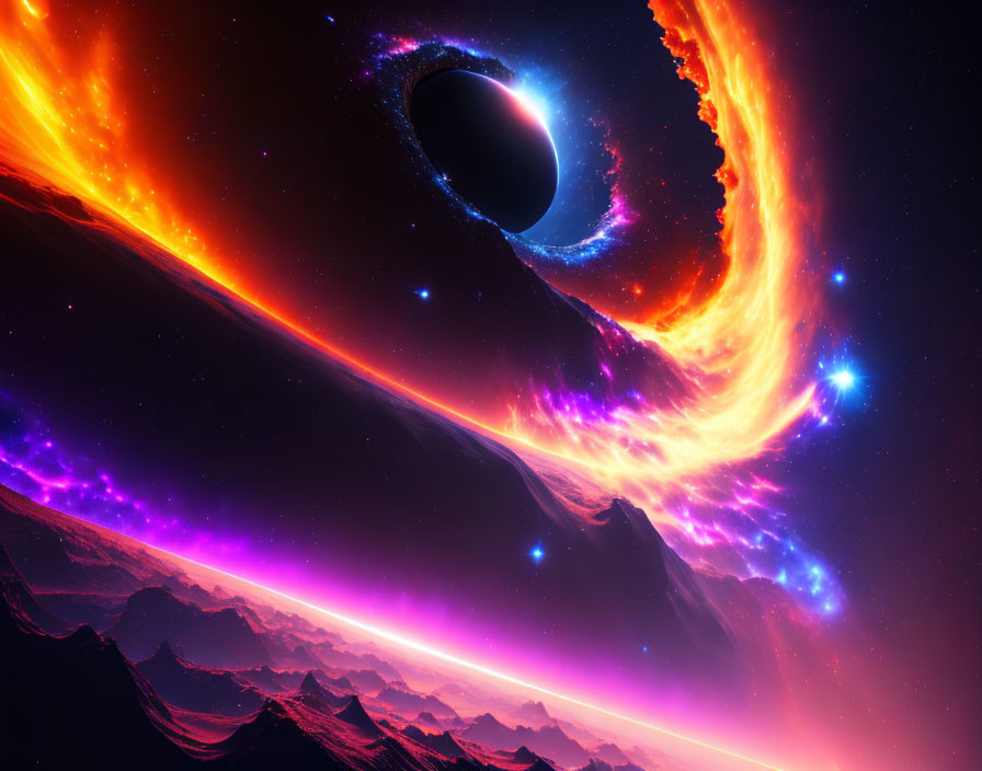 Colorful cosmic scene featuring a black hole, nebulas, stars, and rocky terrain