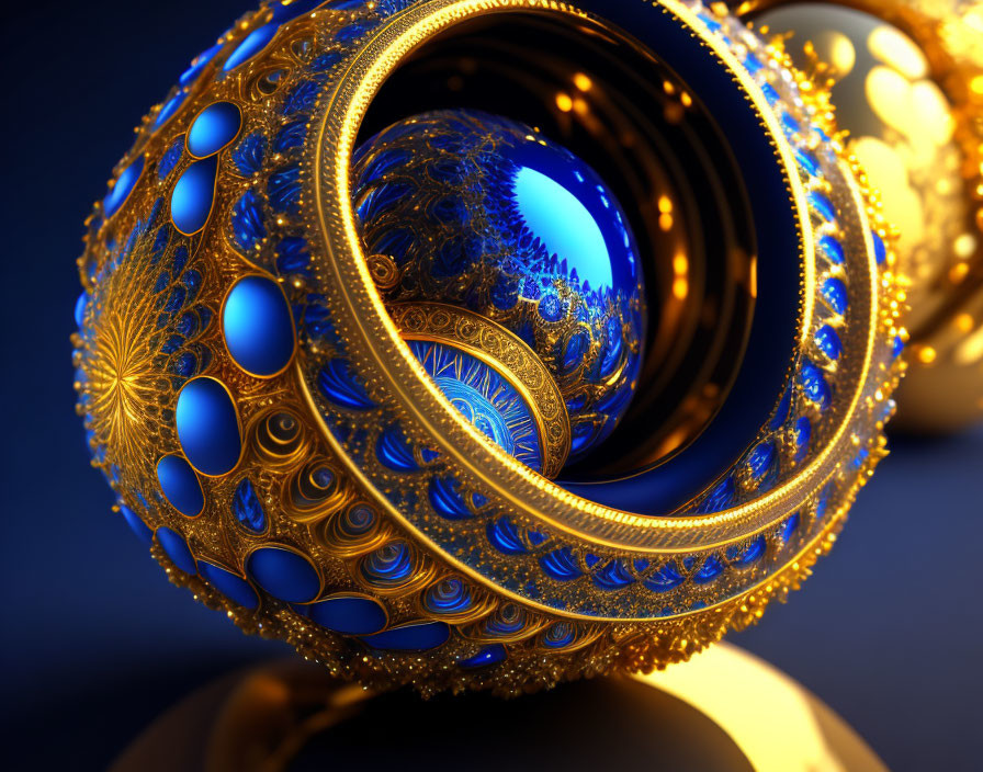Intricate Golden Fractal Sphere with Reflective Blue Surfaces