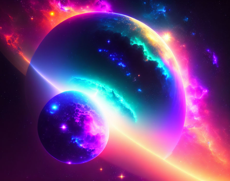Colorful digital artwork: Celestial bodies with neon glow in cosmic nebula