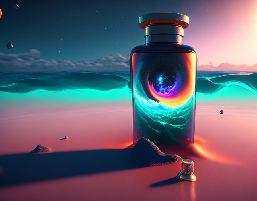 Mystical bottle with vibrant cosmic galaxy in surreal desert landscape