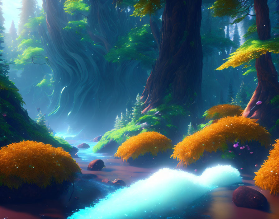 Enchanting forest with vibrant glowing flora and meandering blue stream