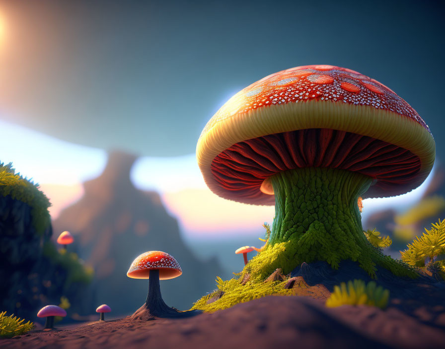 Fantasy mushrooms digital art in mossy landscape at sunset