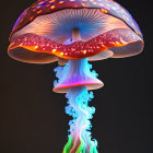 Vibrant digital artwork: Colorful jellyfish with textured cap and luminous tentacle trail
