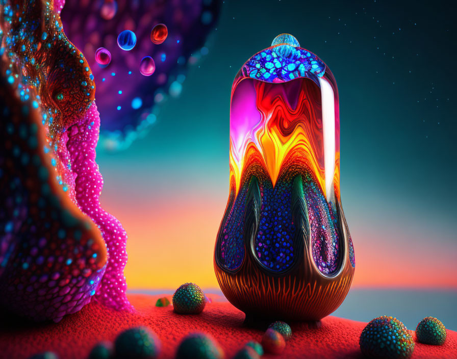 Colorful Surreal Landscape with Vibrant Vessel and Bubble Spheres