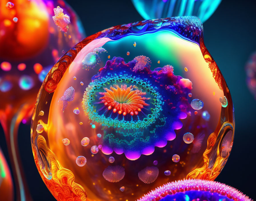 Colorful 3D-rendered bubble structure with intricate patterns and fantastical shapes