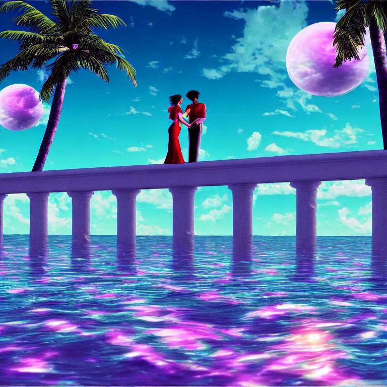 Silhouetted figures embrace on pier under surreal sky with two moons, pink and blue hues reflected