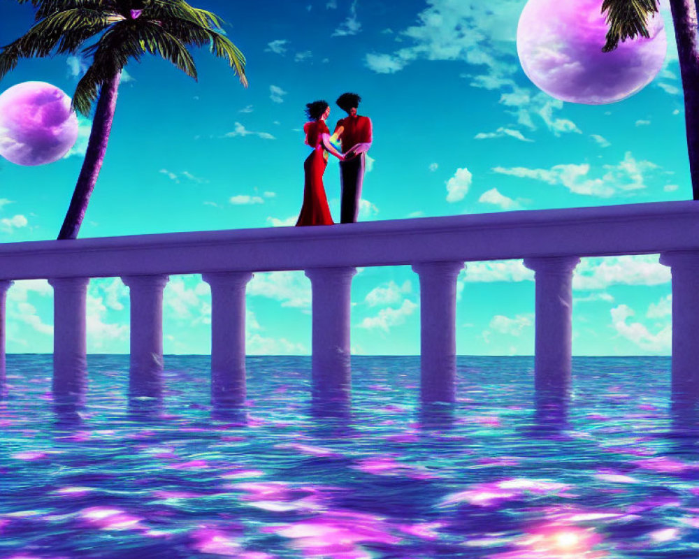 Silhouetted figures embrace on pier under surreal sky with two moons, pink and blue hues reflected