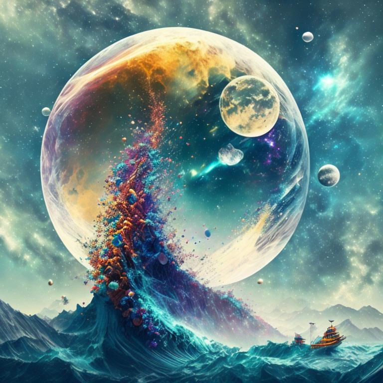 Vibrant cosmic ocean scene with ship and disintegrating planet