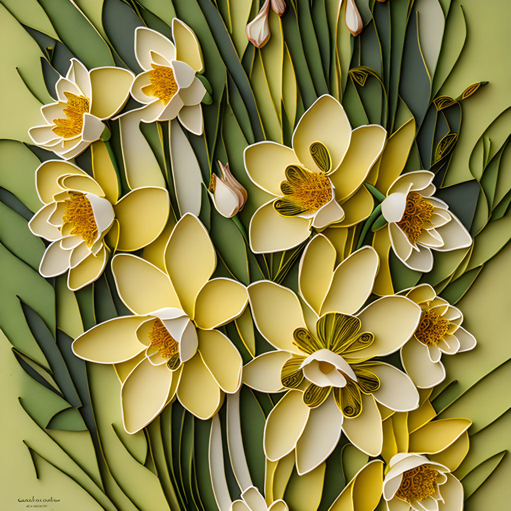 Detailed Paper Art: Cluster of Yellow & White Daffodils with Brown Centers