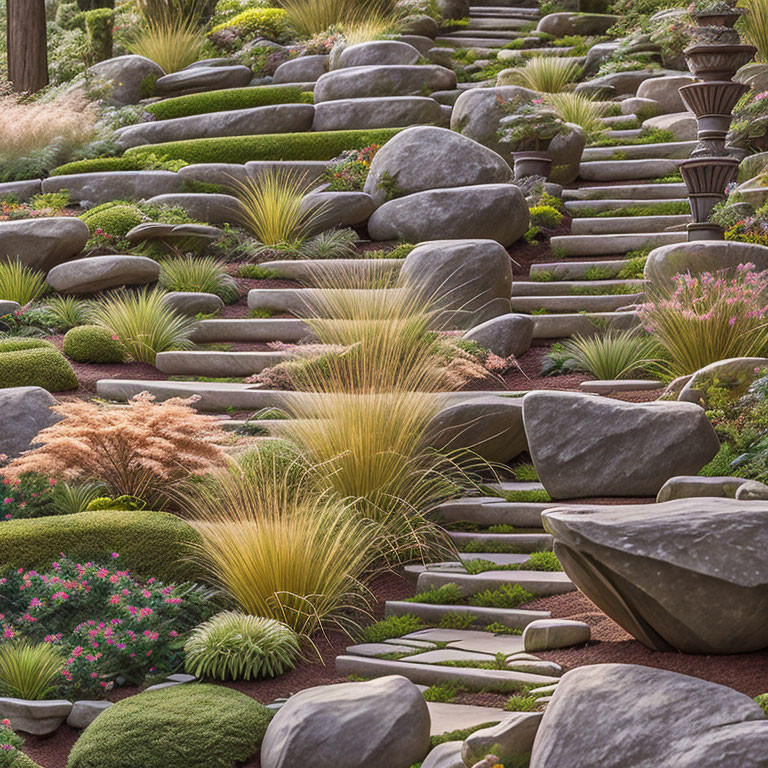 Tranquil garden pathway with ornamental grasses, stepping stones, rocks, greenery & flowers