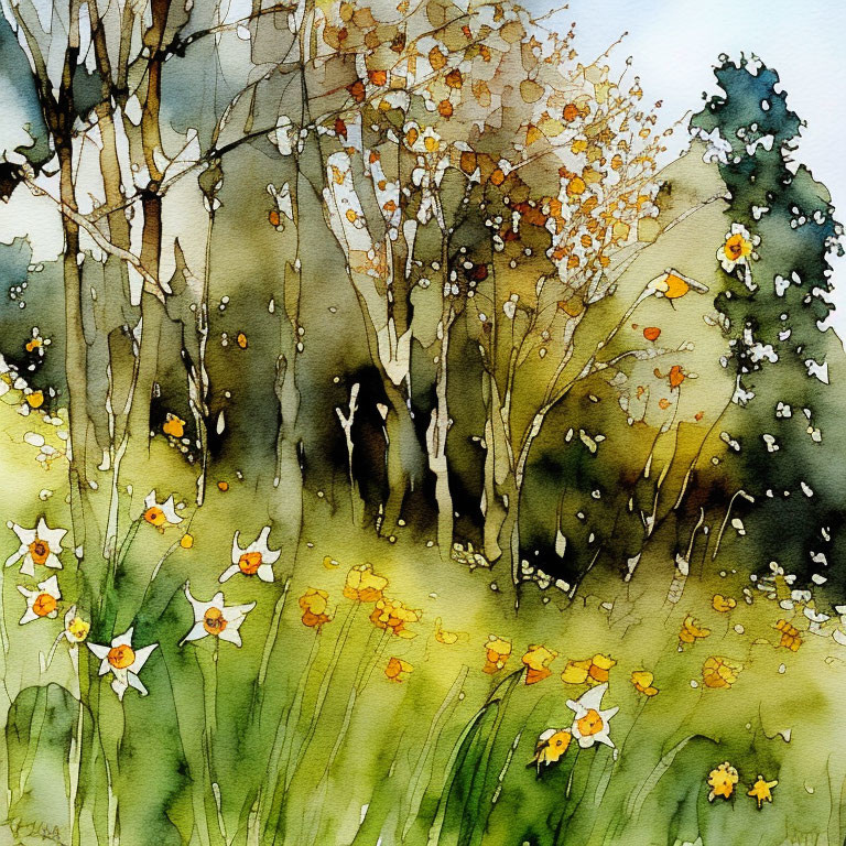 Vibrant watercolor painting: Green meadow with blooming daffodils and autumn trees