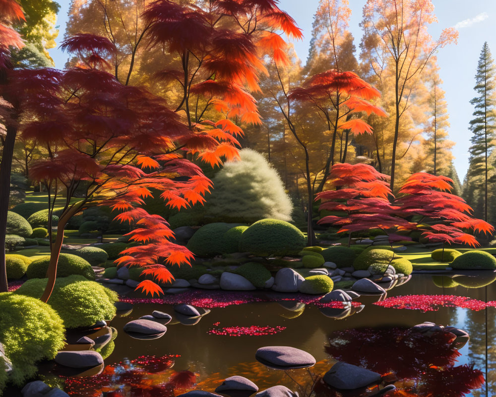 Tranquil garden with red maple trees, shrubs, stepping stones, and reflective pond.