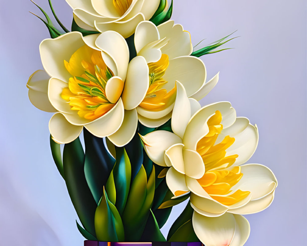 Colorful Digital Art of White and Yellow Flowers in Striped Vase