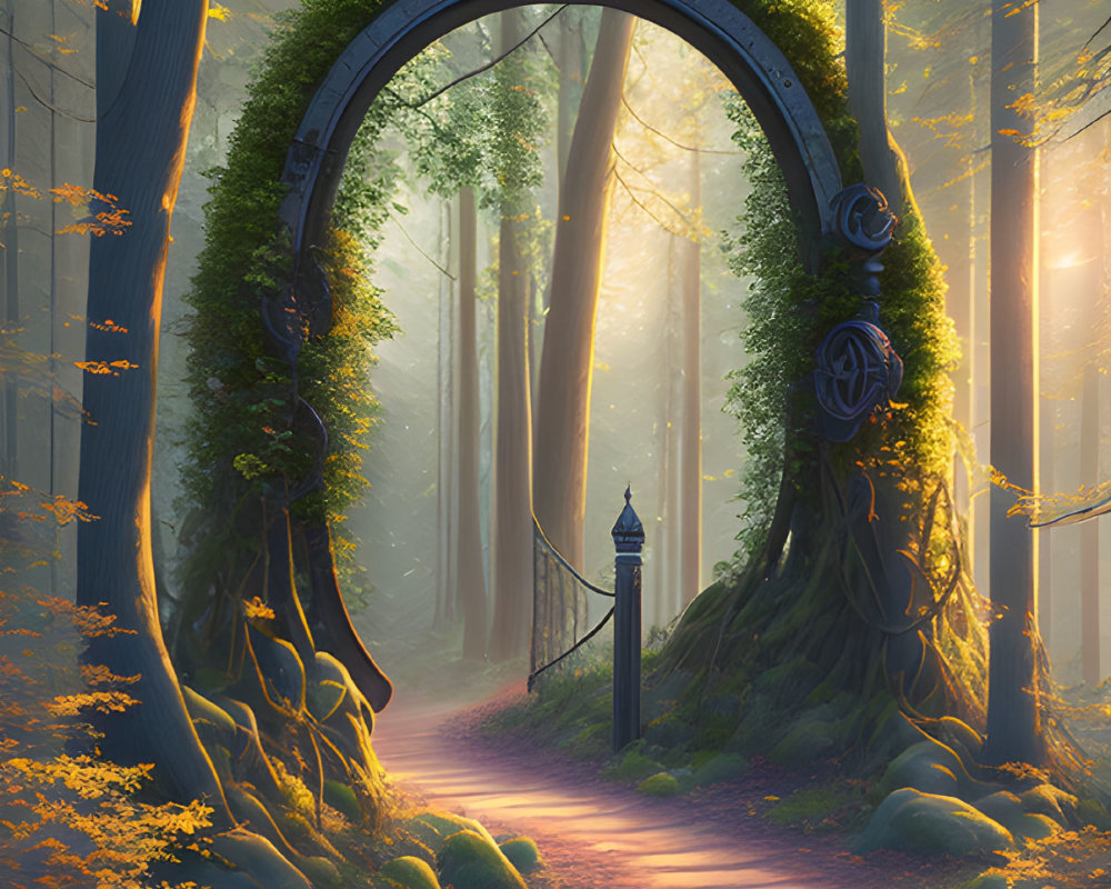 Enchanting forest path with archway and misty trees