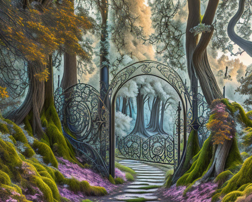 Enchanted garden with ornate gate, moss-covered stones, towering trees, and glowing lamp post