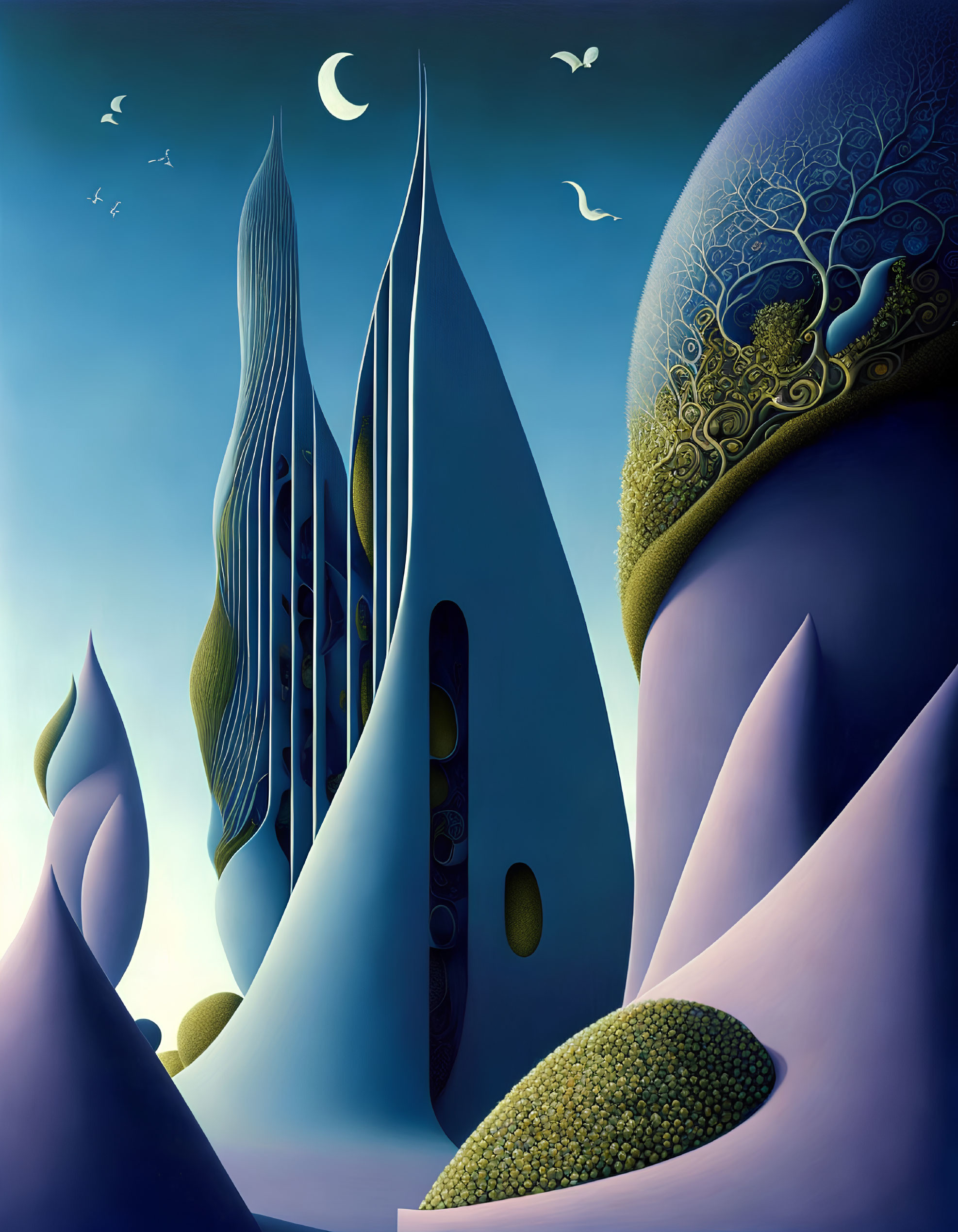 Surreal landscape featuring pointed buildings, rolling hills, twilight sky, crescent moon, and birds