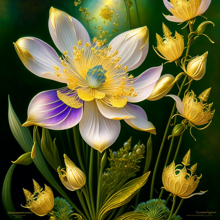 Ethereal digital artwork: Luminescent white flower with gold details and ornate golden buds on