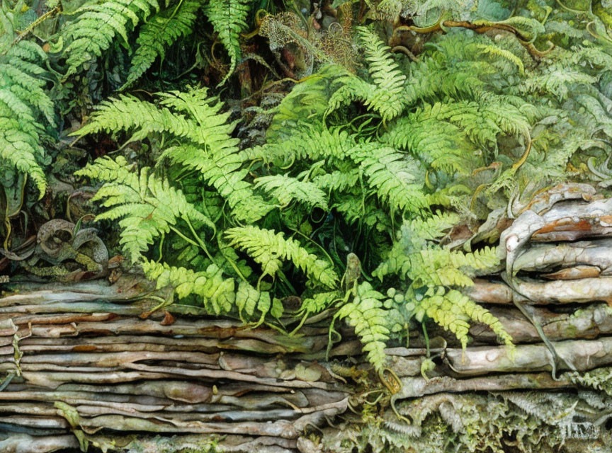 Green ferns on textured wooden branches with moss and foliage.