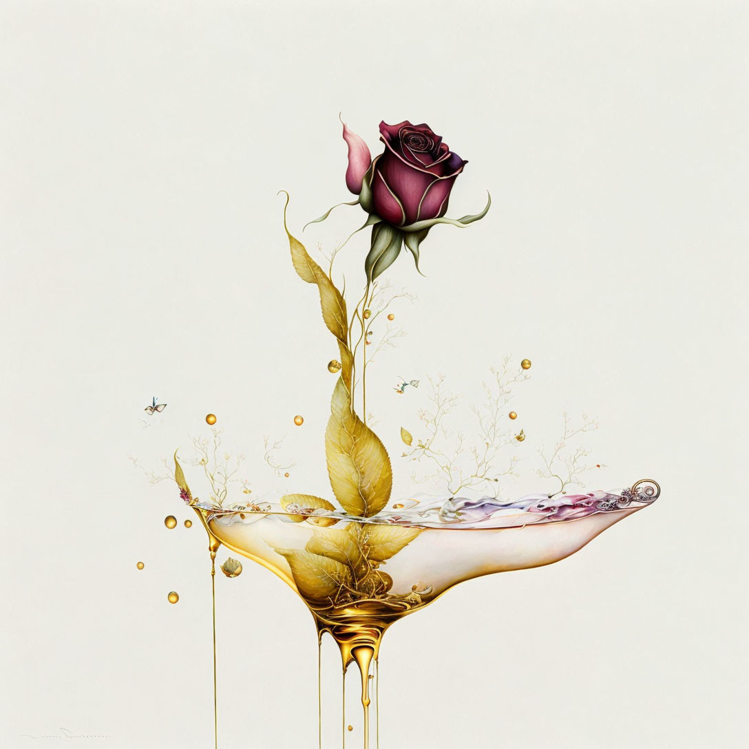 Burgundy rose on golden fluid splash with delicate tendrils