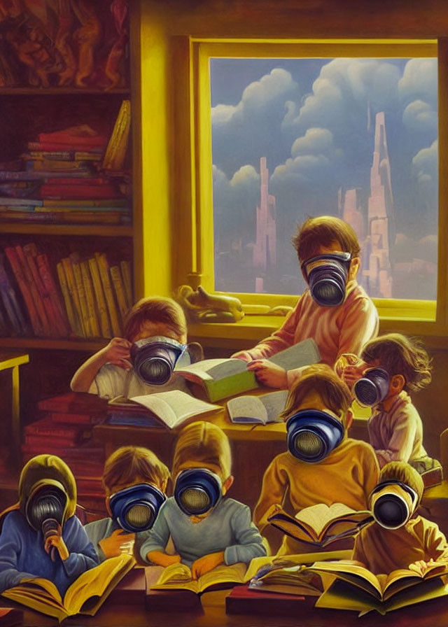 Children in gas masks reading books in room with industrial view.