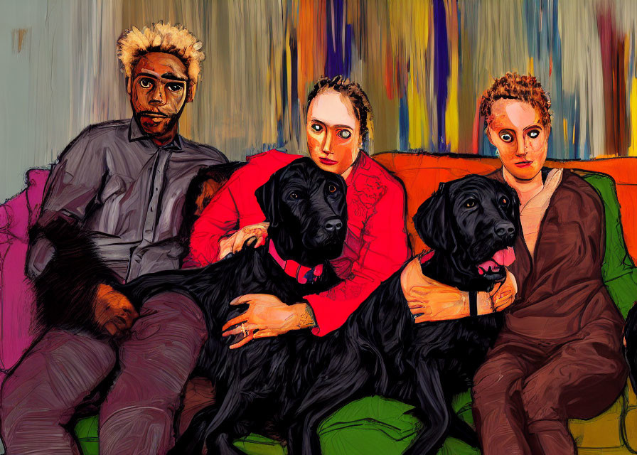 Three people on a couch with two black dogs, one person holding a dog with a red collar