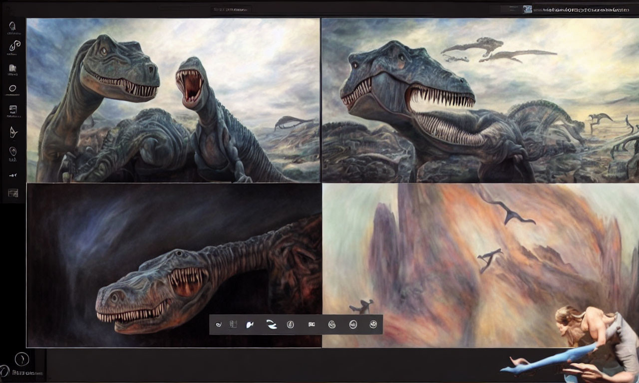 Four digital paintings featuring roaring dinosaurs, hunting scenes, and human-dinosaur interaction.