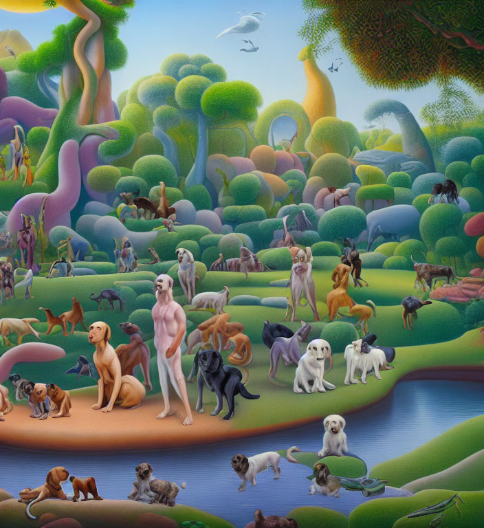 Colorful Whimsical Painting: Dogs, Human Figure, Nature Scene