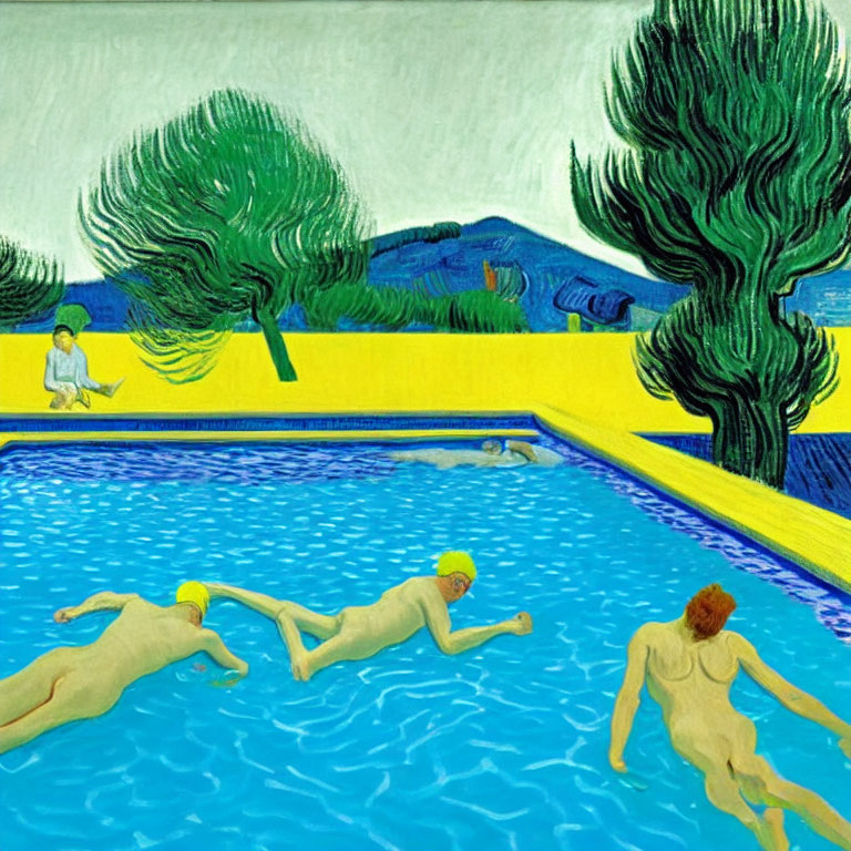 Colorful painting of three swimmers in a pool with yellow caps, green trees, and blue sky