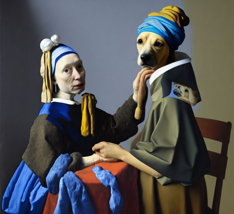 Two dogs in classic painting costumes: one in blue dress with pearl earring, the other in brown