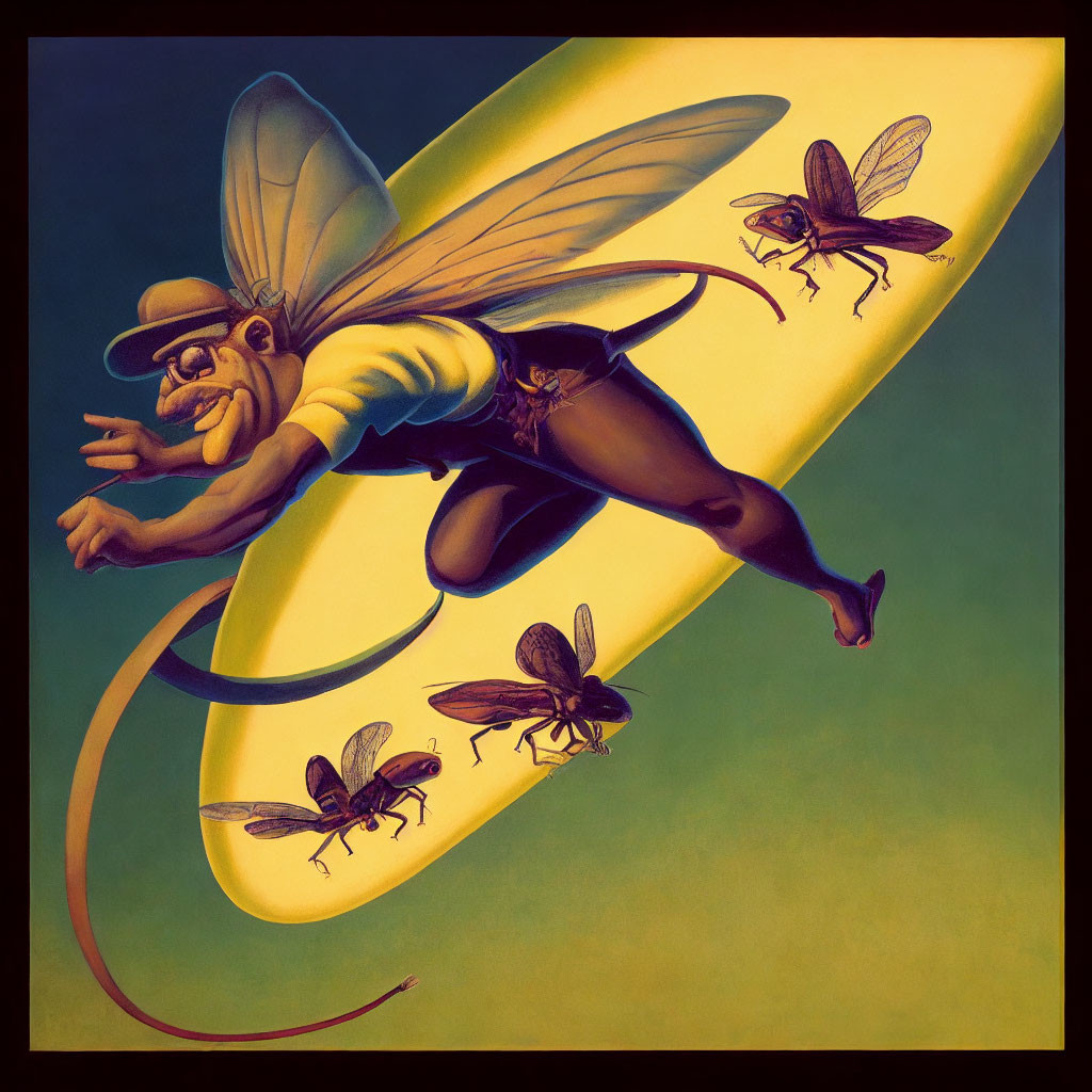 Muscular superhero in bee costume surfing on pencil with wings, accompanied by bees, on gradient background