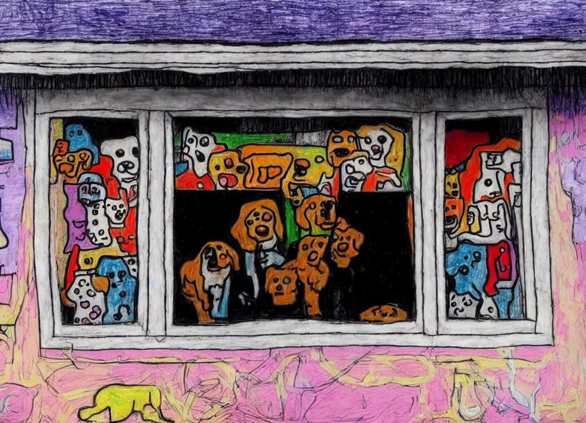 Colorful Outlined Dogs of Various Breeds in Window Frame