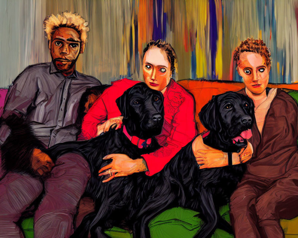 Three people on a couch with two black dogs, one person holding a dog with a red collar