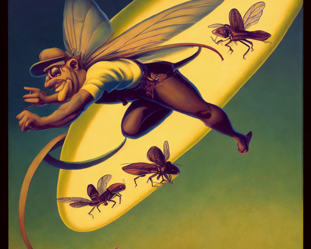 Muscular superhero in bee costume surfing on pencil with wings, accompanied by bees, on gradient background