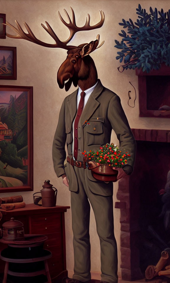 Anthropomorphic moose in suit with flower pot in rustic interior