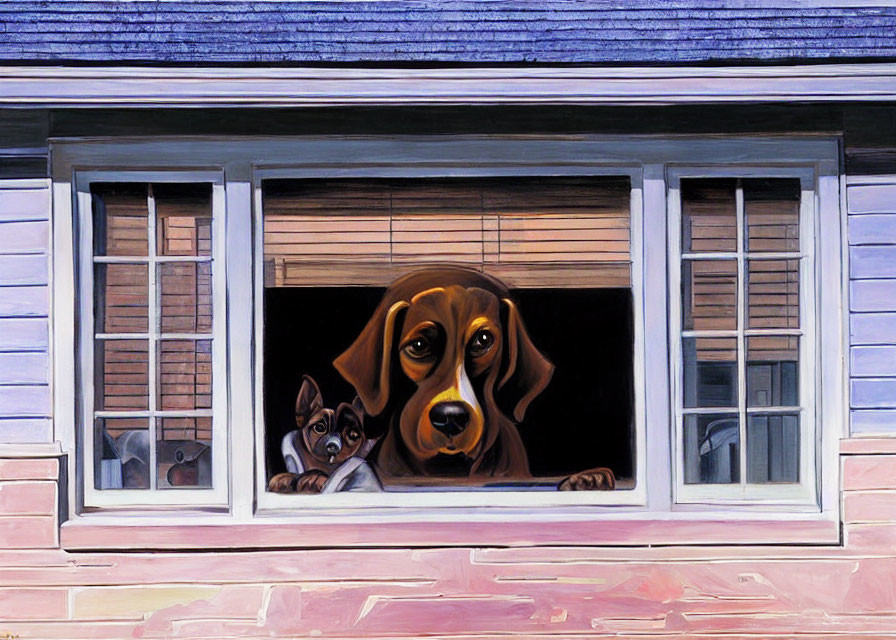 Two dogs of different sizes looking out of a double-hung window with pinkish siding