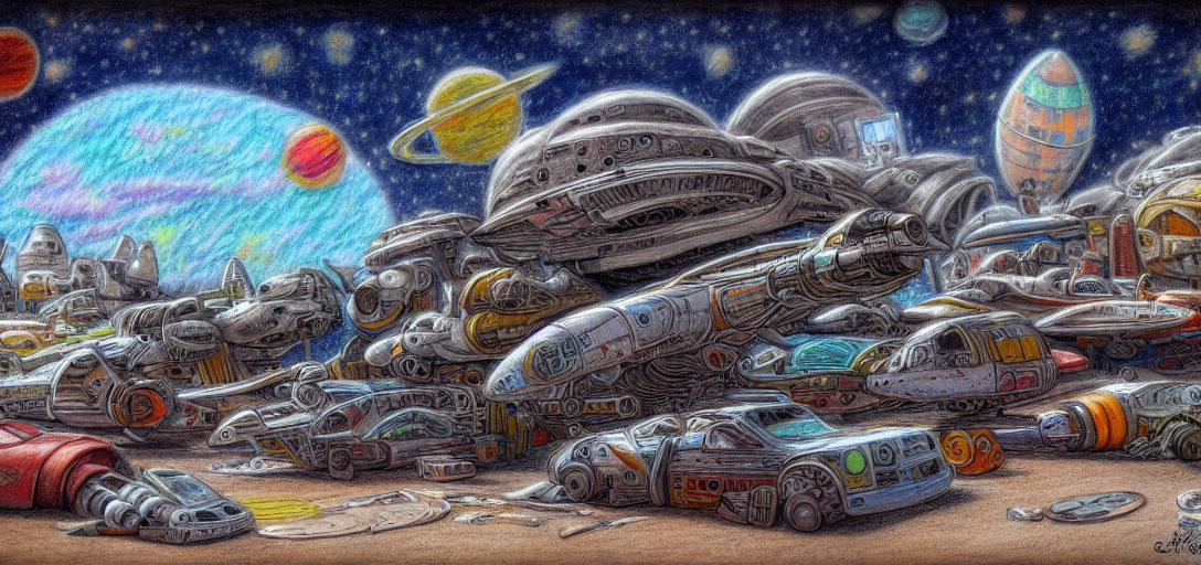Vibrant space-themed junkyard illustration with discarded spacecraft and parts under starry sky.