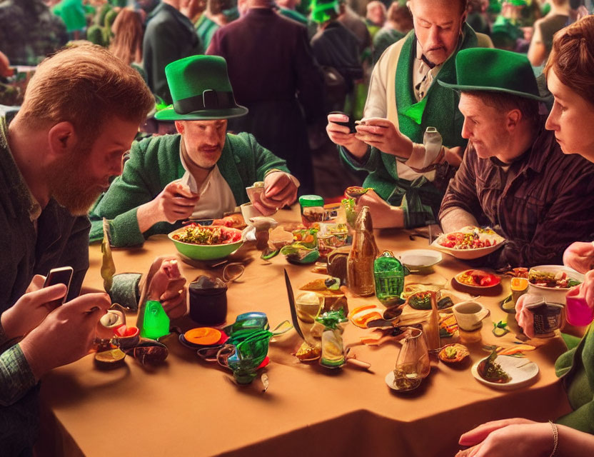 Group celebrating St. Patrick's Day in green attire with festive table.