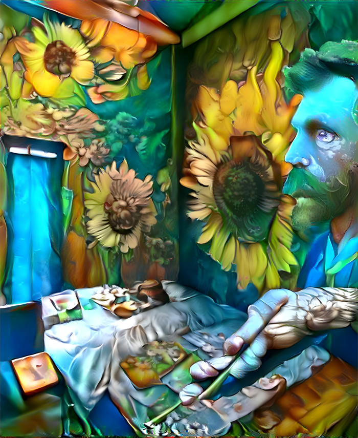 van Gogh considering sunflowers in his room