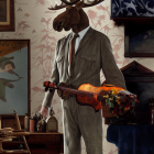 Anthropomorphic moose in suit with flower pot in rustic interior