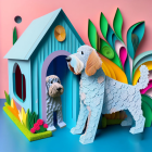 Intricately crafted paper art dogs and doghouse with floral elements