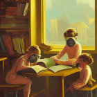 Children in gas masks reading books in room with industrial view.