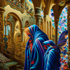 Vibrant surreal illustration of cloaked figure with butterfly wings in ornate architecture