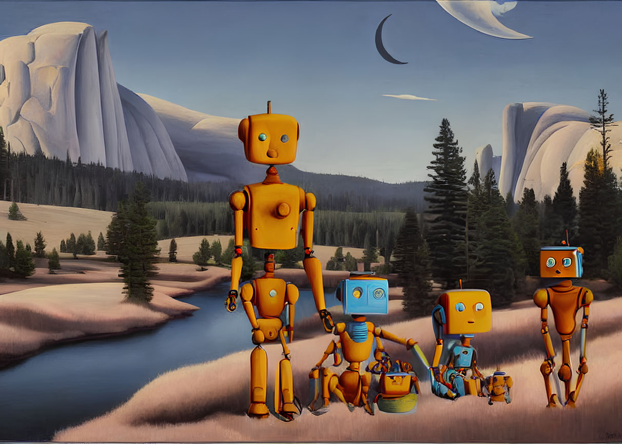 Various sizes of orange humanoid robots in serene landscape with pine trees, river, mountains, crescent moon