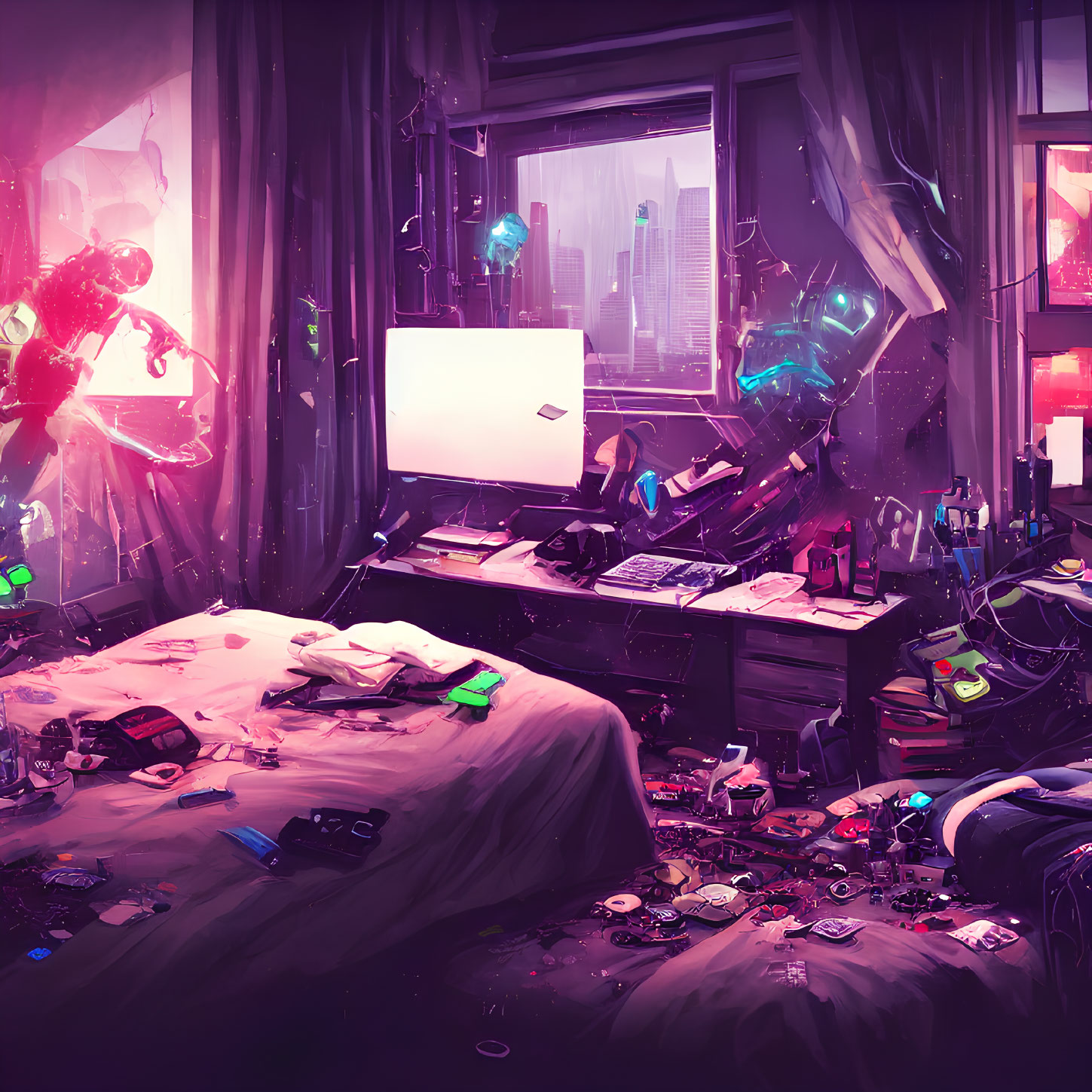 Futuristic cluttered bedroom with illuminated desk and holographic displays