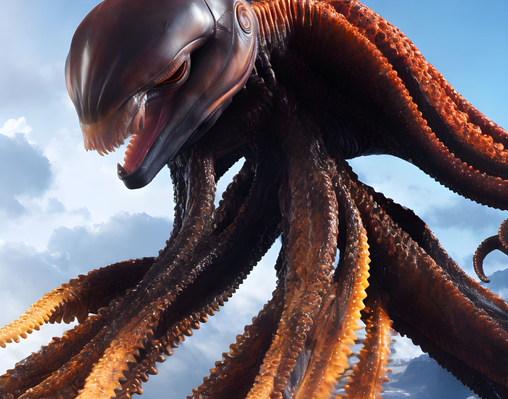Sleek helmeted octopus creature with multiple tentacles on cloudy sky background