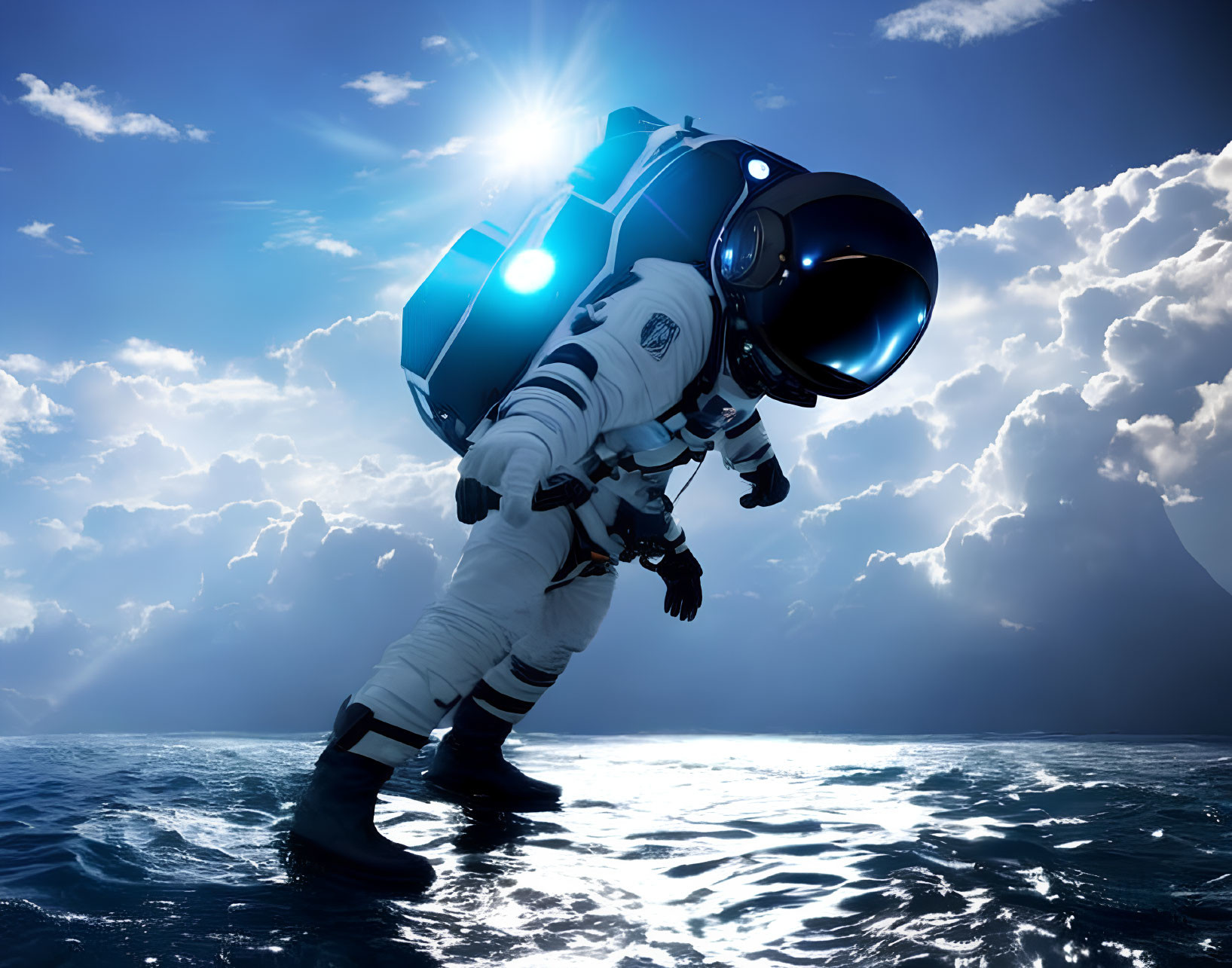Astronaut in white spacesuit floating above water with sunlight gleaming