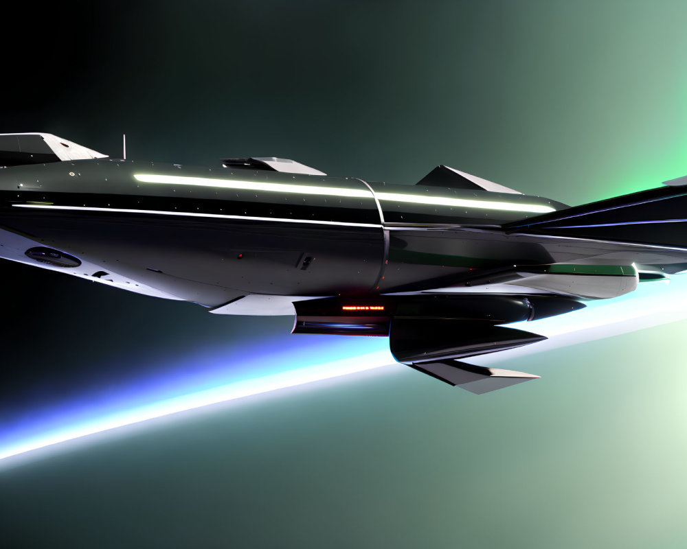 Futuristic black spaceship with blue thrusters in space